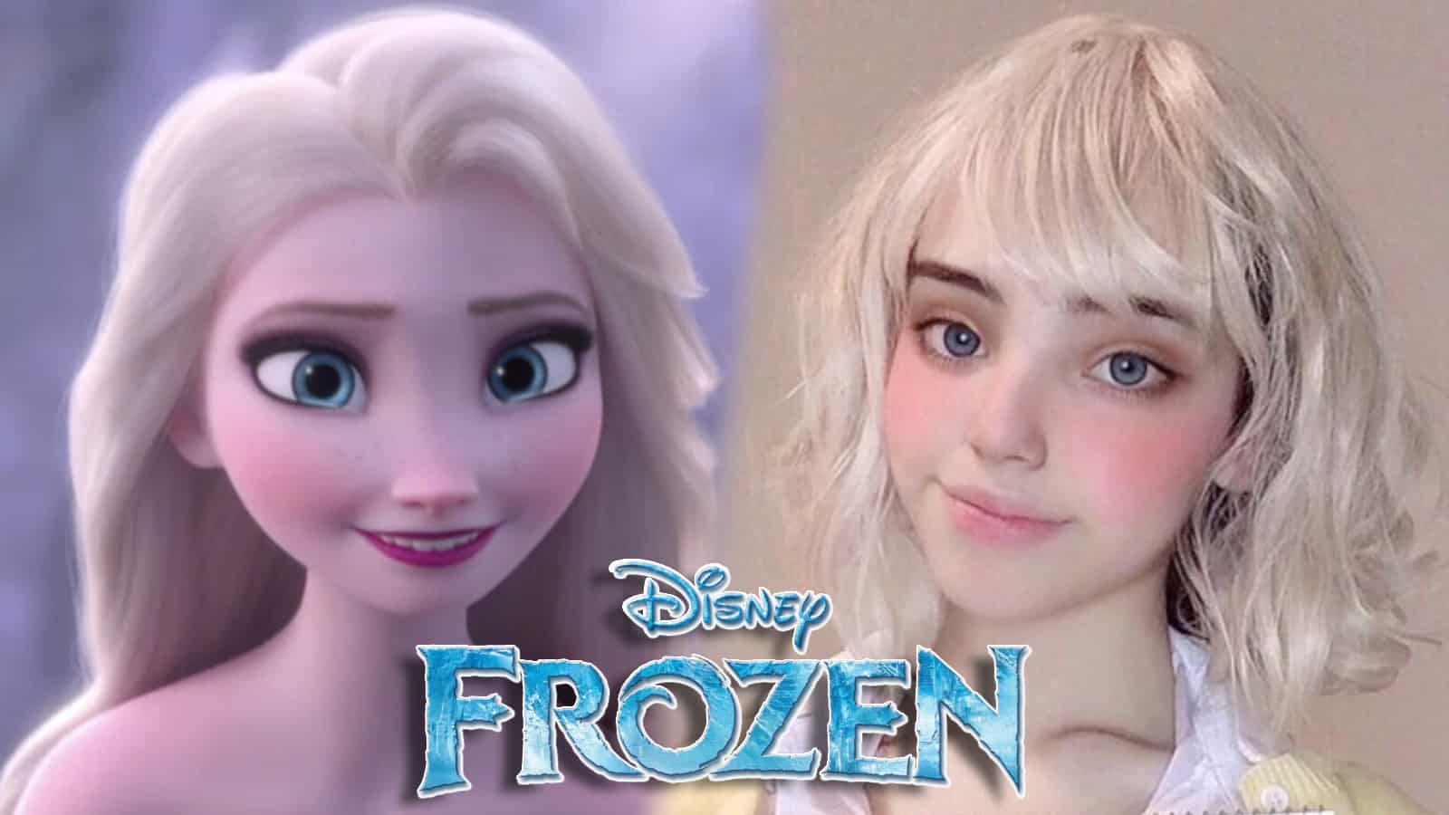 Disney Princess Elsa from Frozen next to cosplayer