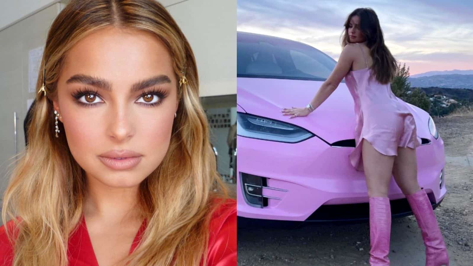 Addison Rae next to image of her leaning on her pink Tesla