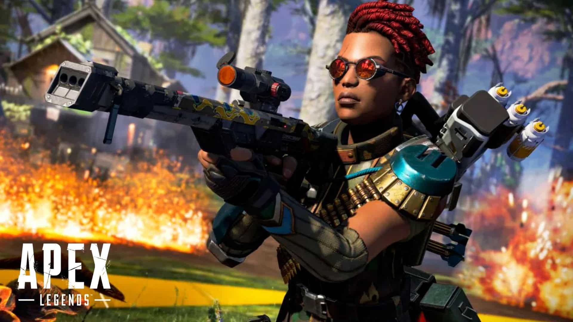 Bangalore in Apex Legends with a weapon surrounded by fire