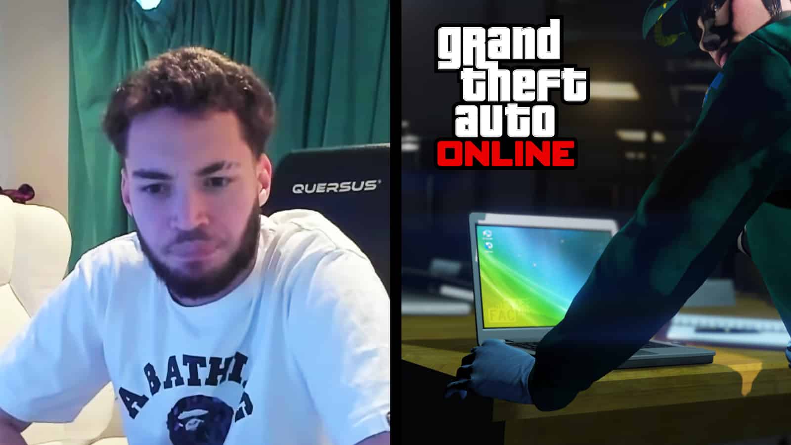 Half/half image of Adin Ross addressing YouTube viewers and a hacker on GTA V.