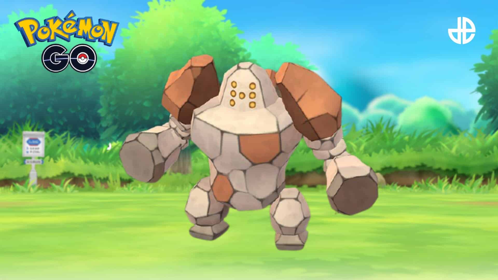 Regirock on a background with grass, trees, and the Pokemon Go logo