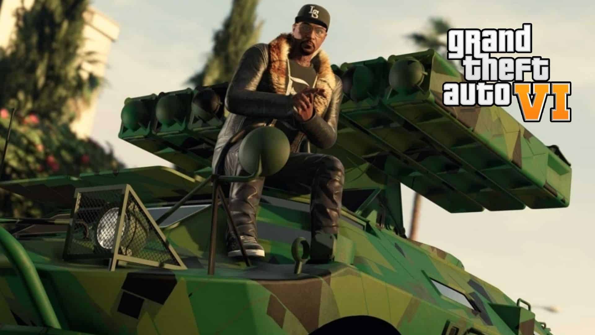 GTA character sat on a military vehicle