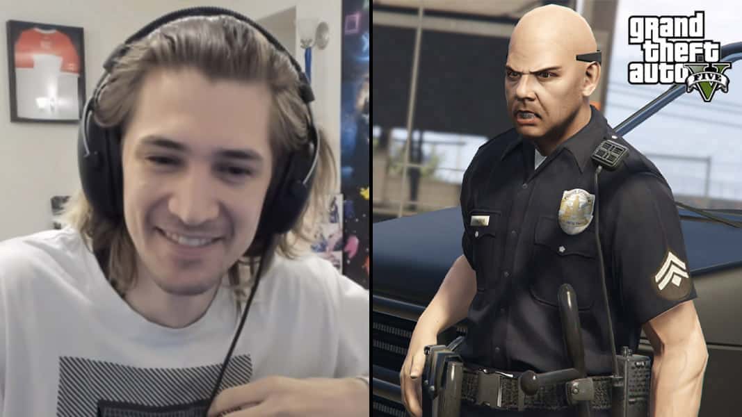 xQc on Twitch with a bald GTA V police officer