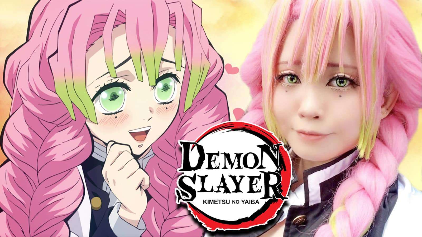 Demon Slayer's Mitsuri Kanroji next to cosplayer.