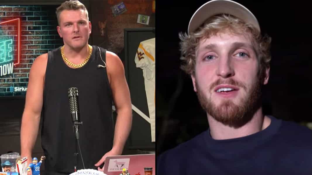 Pat McAfee on the Pat McAfee show and Logan Paul talking into camera