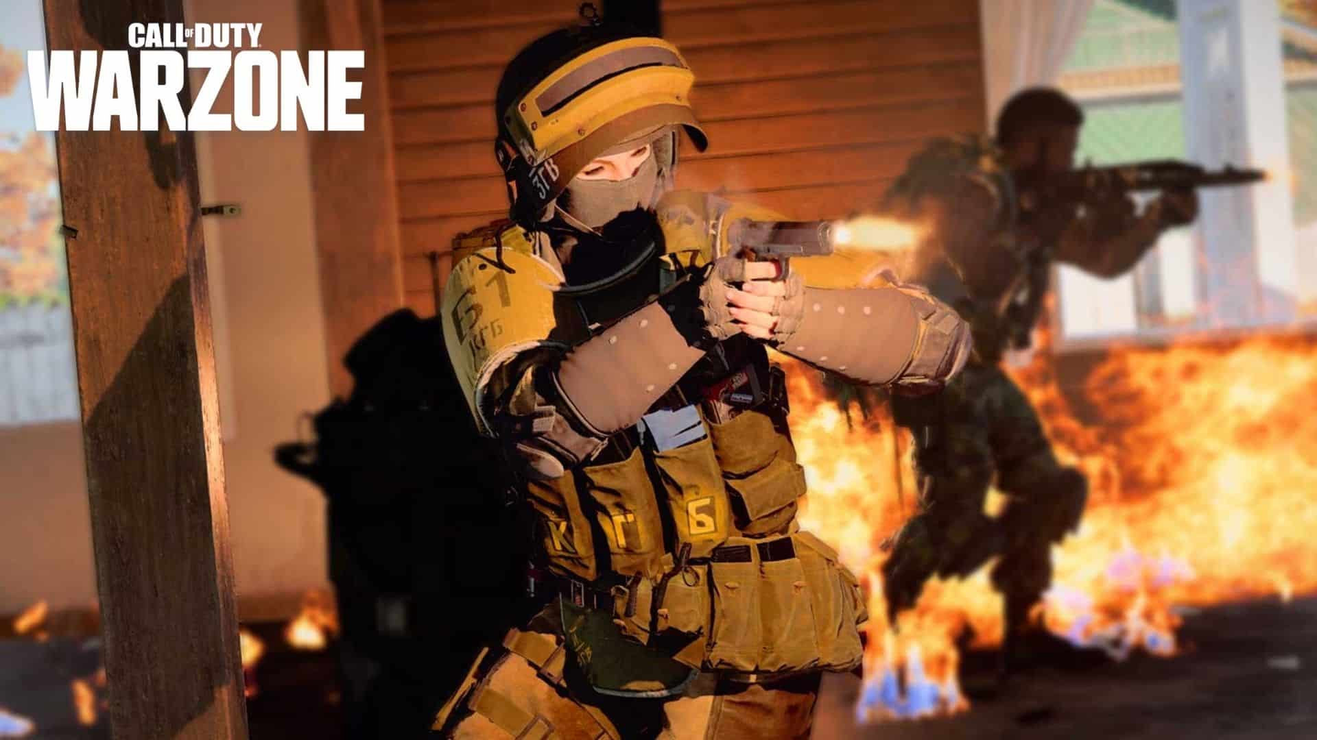 Warzone character firing gun around fire