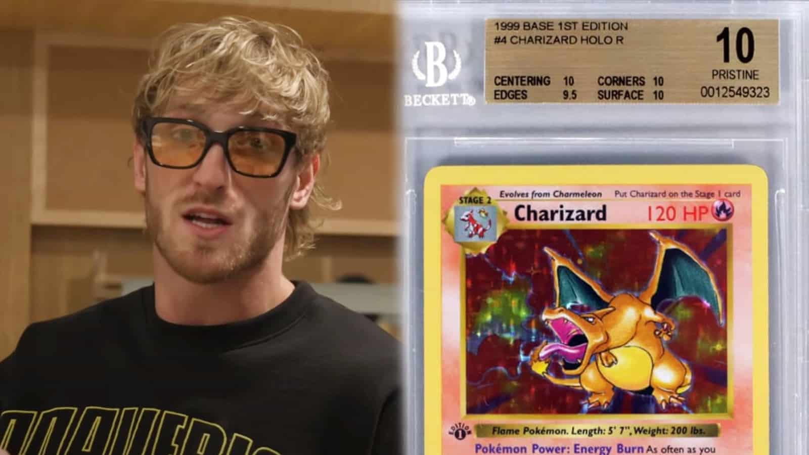 YouTuber Logan Paul next to Charizard Pokemon card