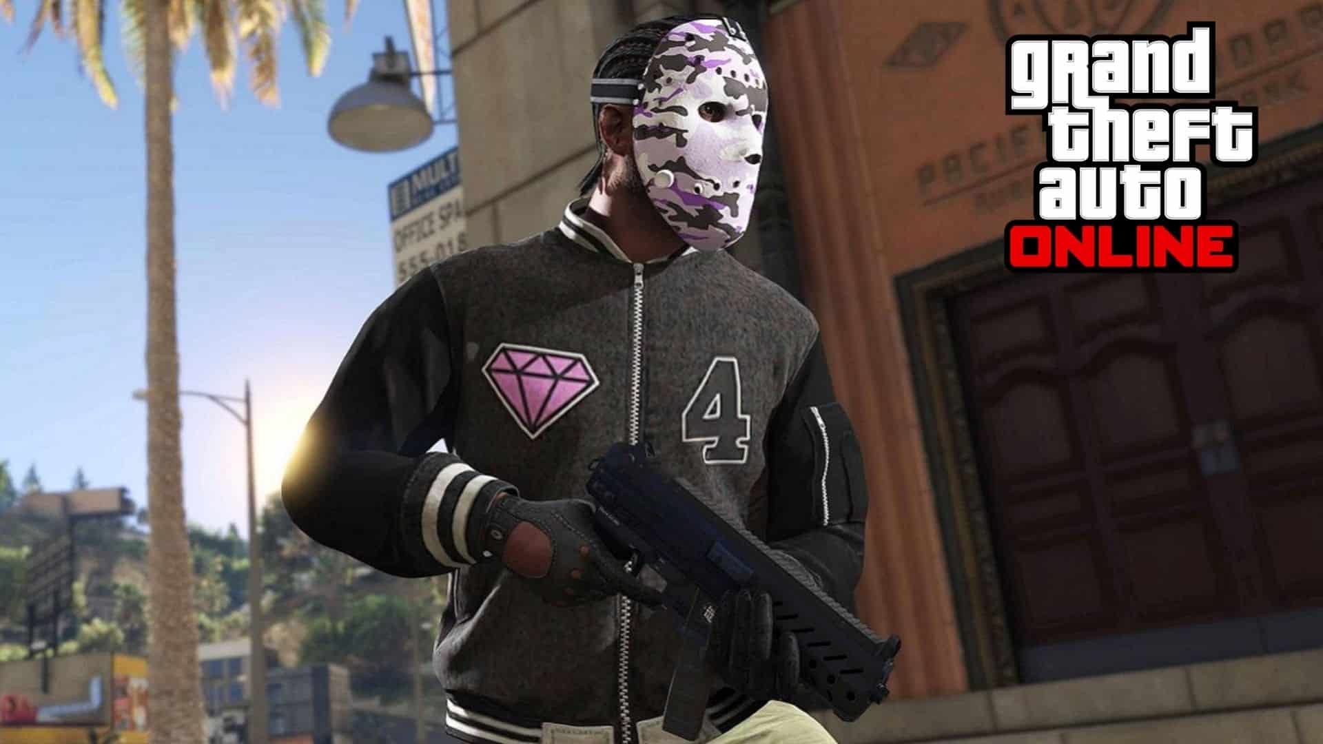 Gta online character holding a gun outside of a bank