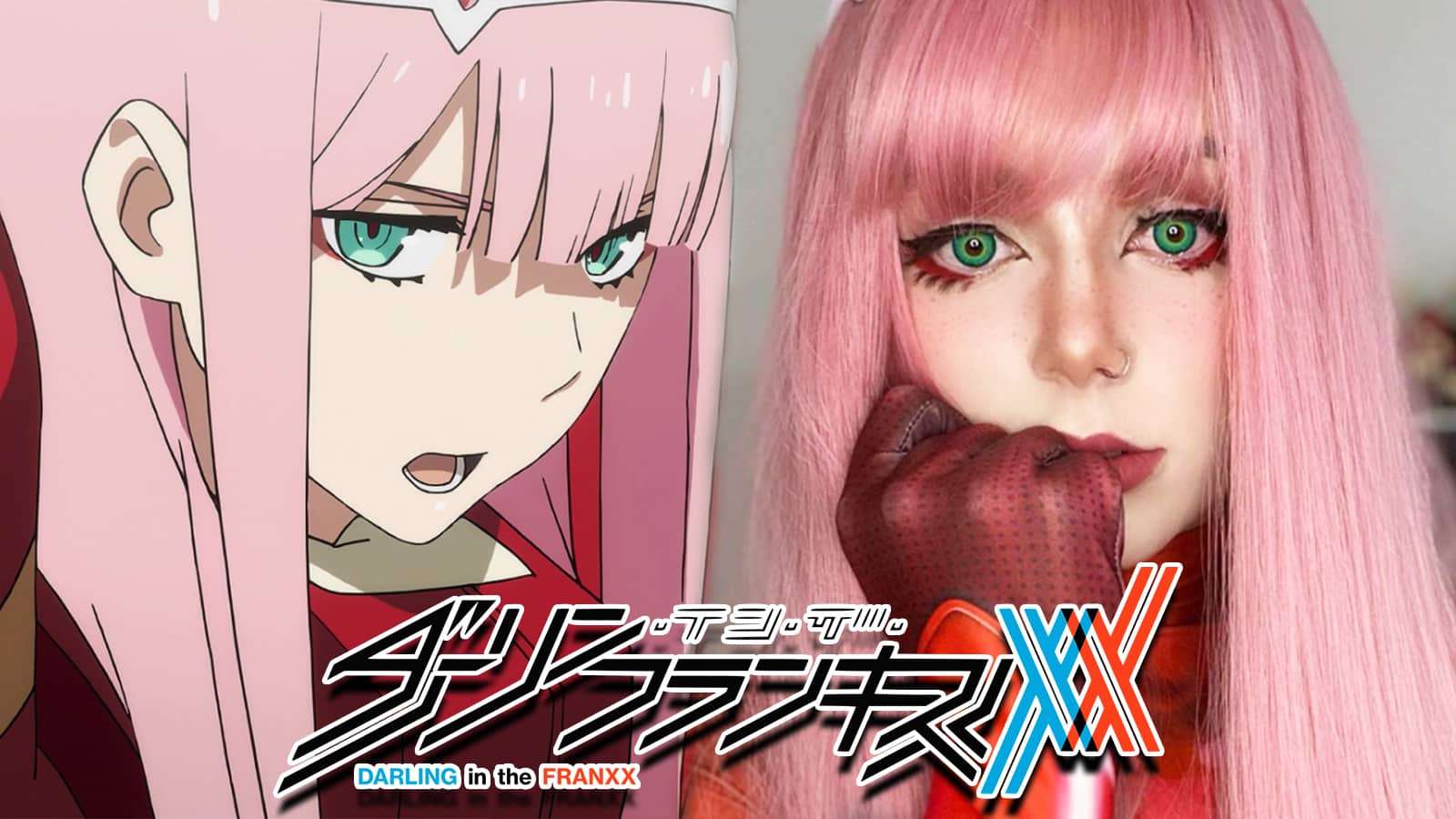 Darling in the Franxx anime Zero Two next to cosplayer