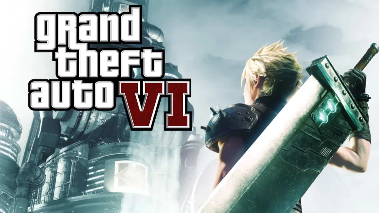 Cloud Strife looks up at the GTA 6 logo