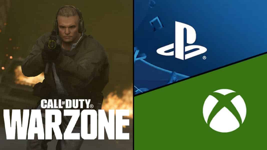 Call of Duty Warzone character with Xbox and PlayStation logos