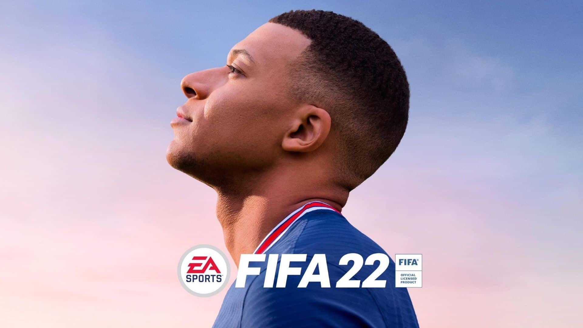 FIFA 22 cover image of Mbappe looking skywards