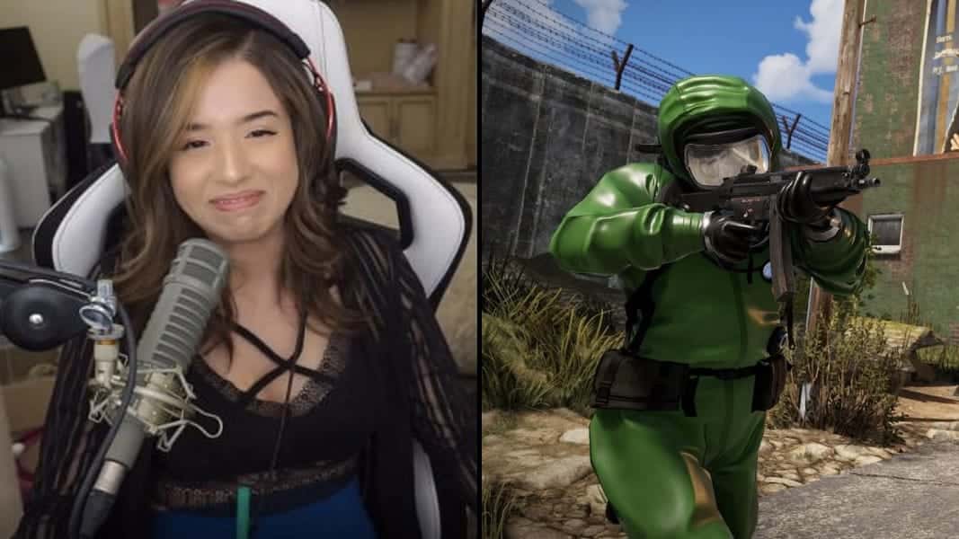 Pokimane and a Rust charcter aiming a weapon