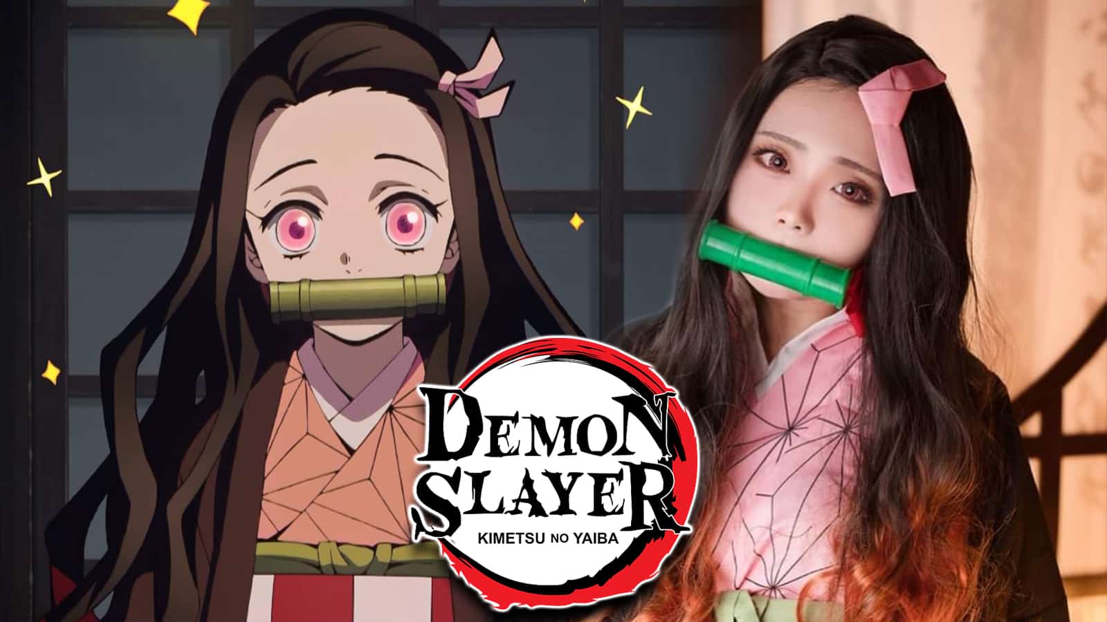 Nezuko Kamado Demon Slayer next to cosplayer