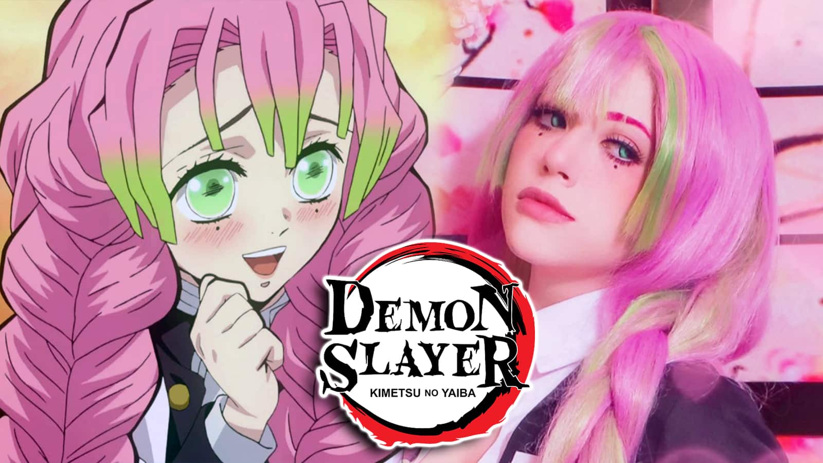 Demon Slayer Mitsuri Kanroji next to cosplayer