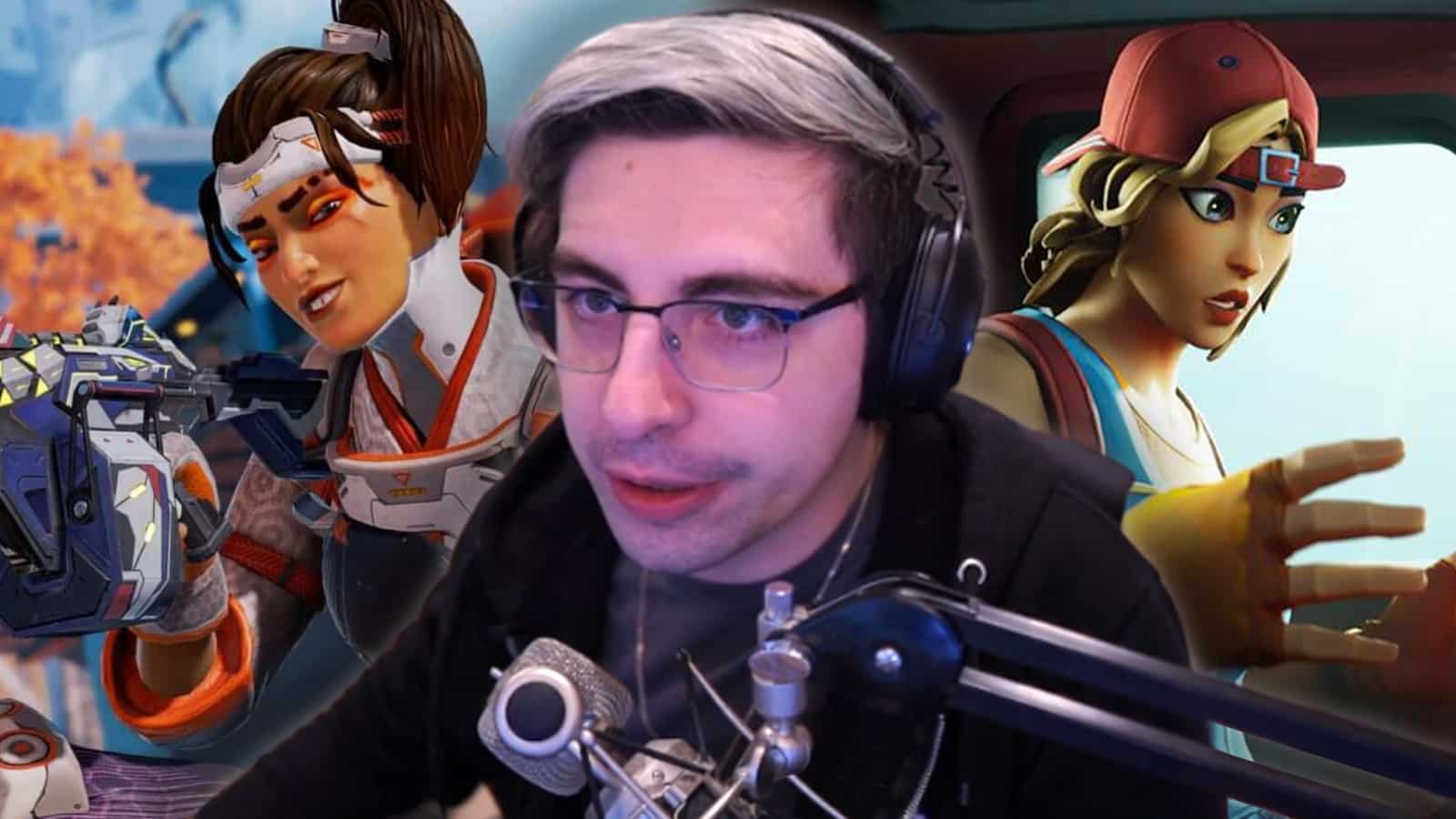 Shroud sitting on his Twitch stream between Rampart from Apex Legends and battle royale girl from Fortnite.