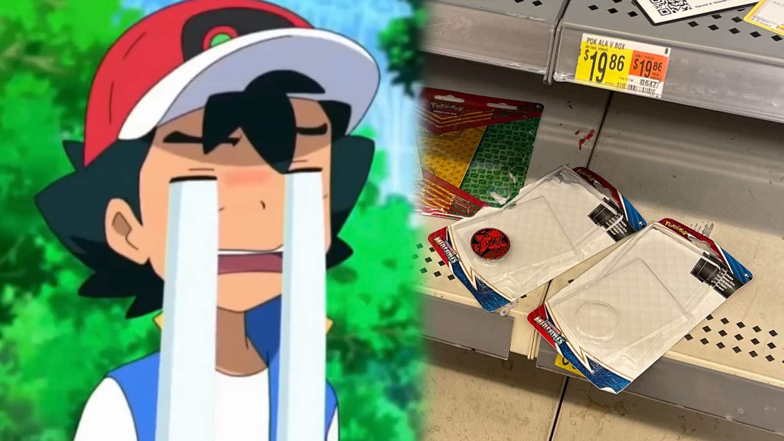 Pokemon Ash Ketchum next to Torn TCG products Wal Mart