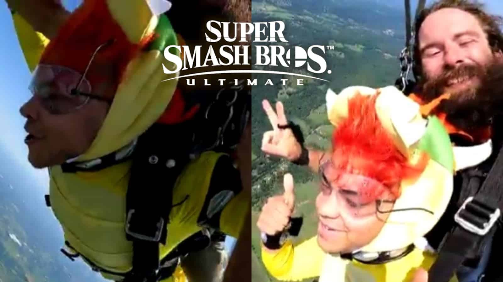 Smash pro LeoN jumps out of a plane in Bowser cosplay