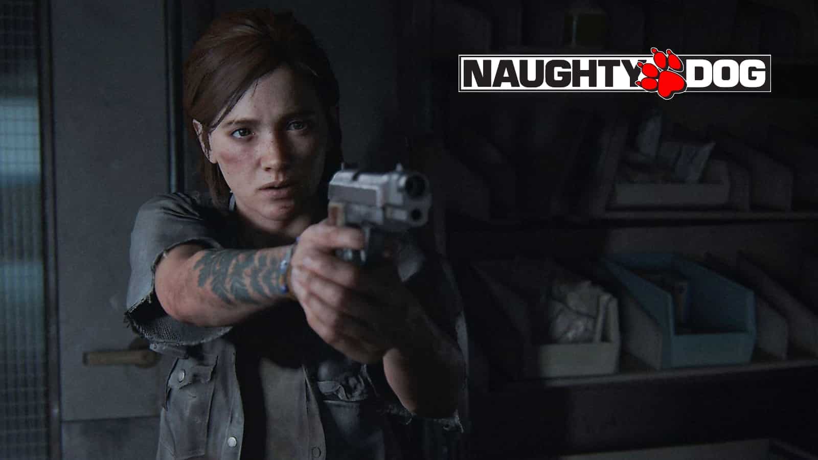 The last of us ellie holding gun with Naughty Dog logo
