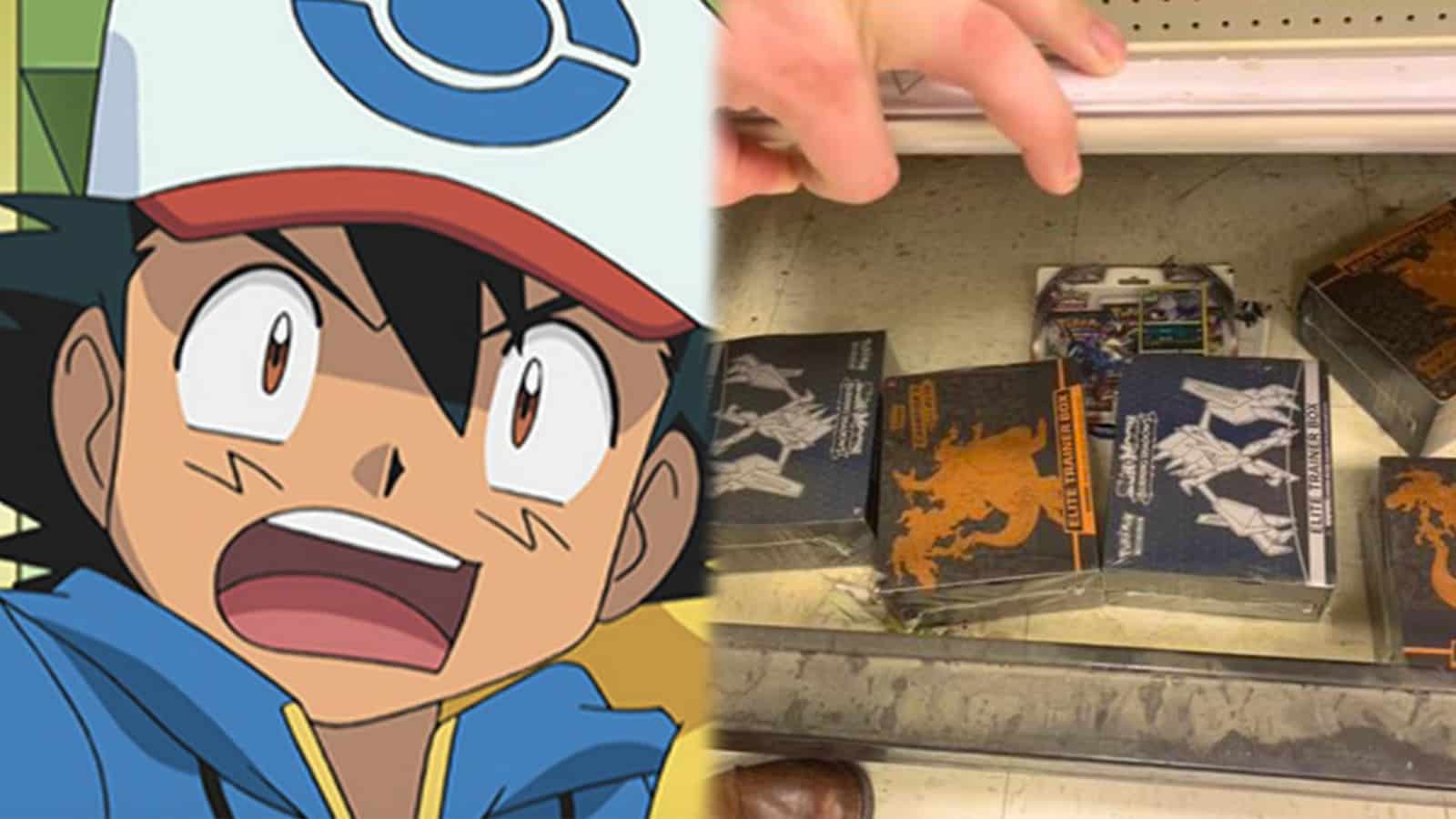 Pokemon Ash Ketchum next to Pokemon Card shelf Target