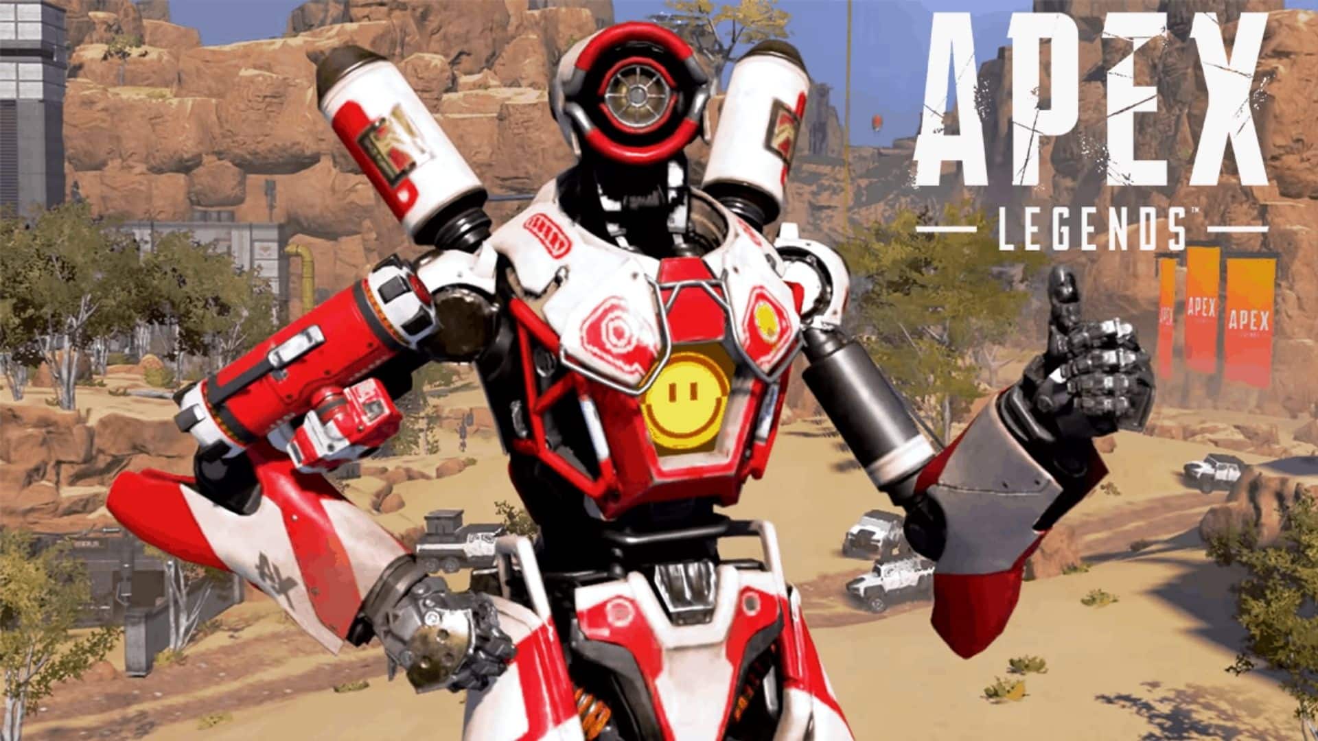 Pathfinder thumbs up with Apex Legends logo