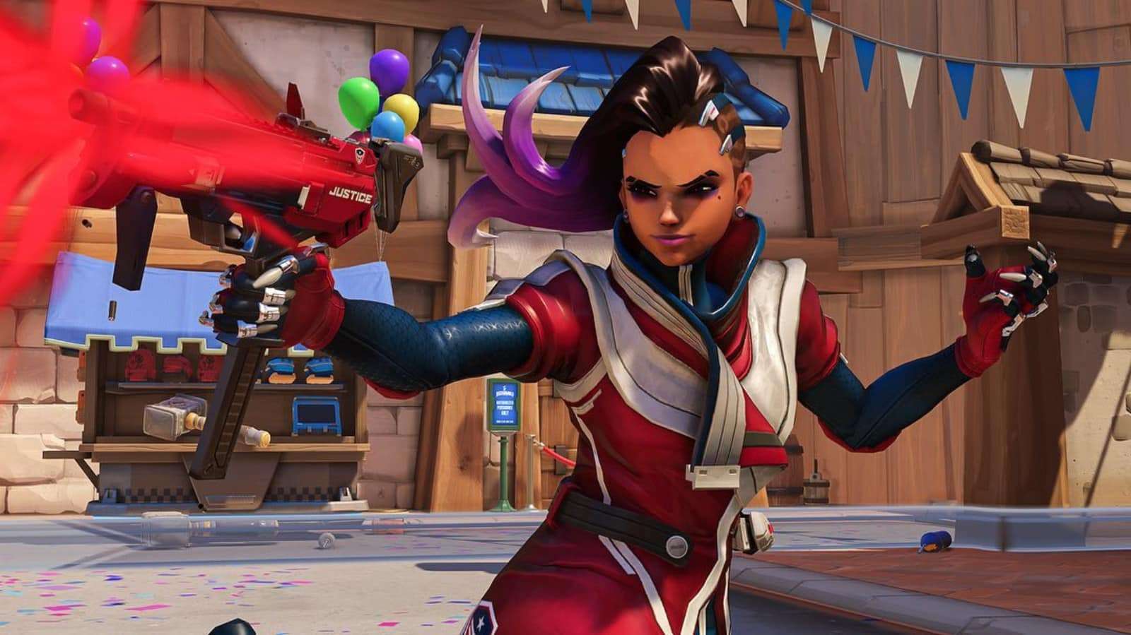 Sombra fires weapon on Blizzard World