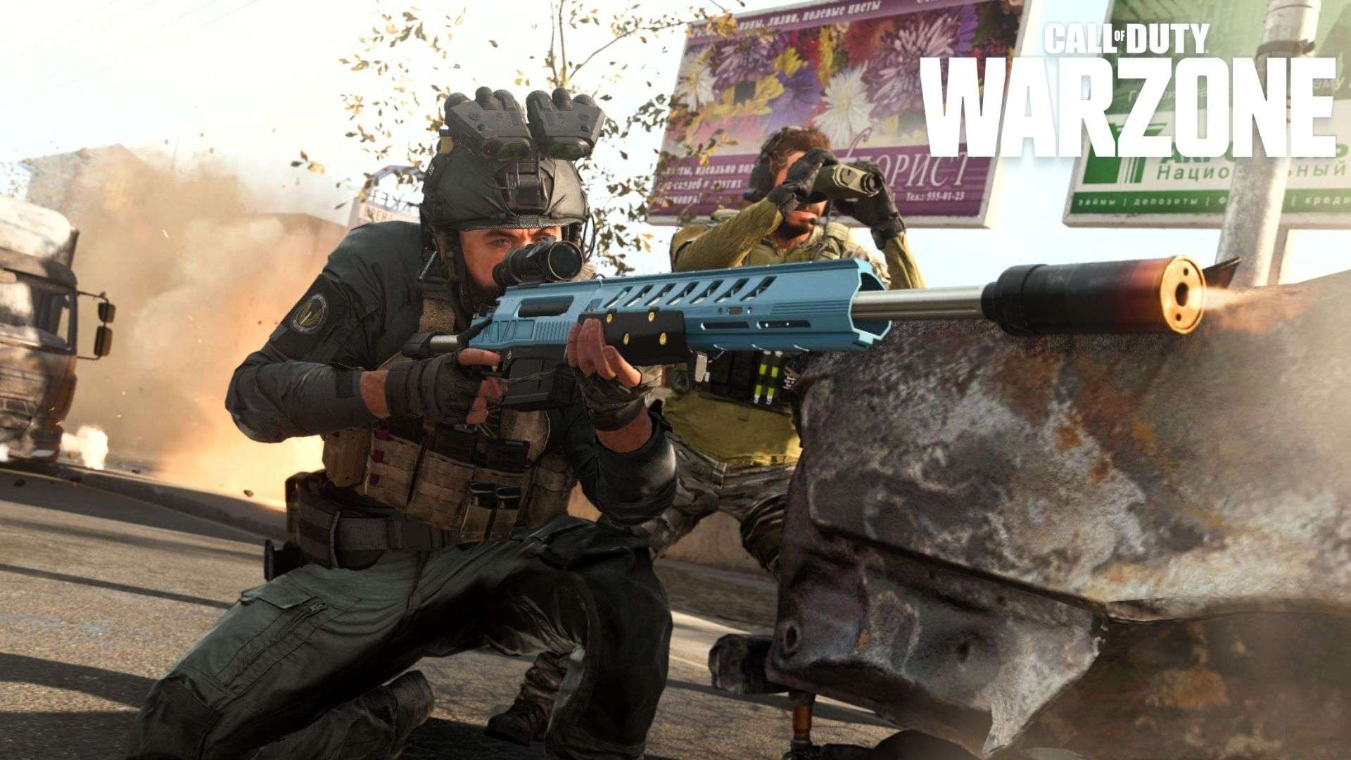 Warzone character firing a sniper in the road