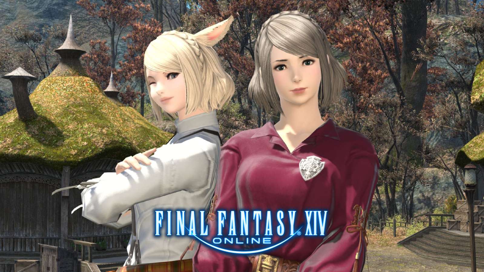 FFXIV two women stand in a forest looking into the camera, one winking