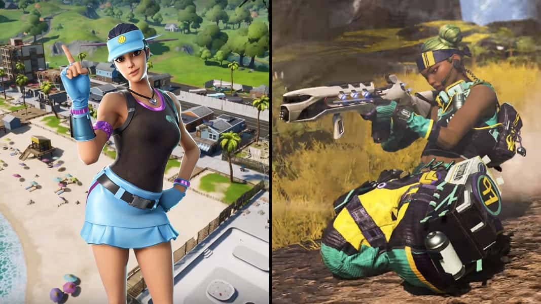 Fortnite character pointing to the sky with Apex Legends Bangalore sliding