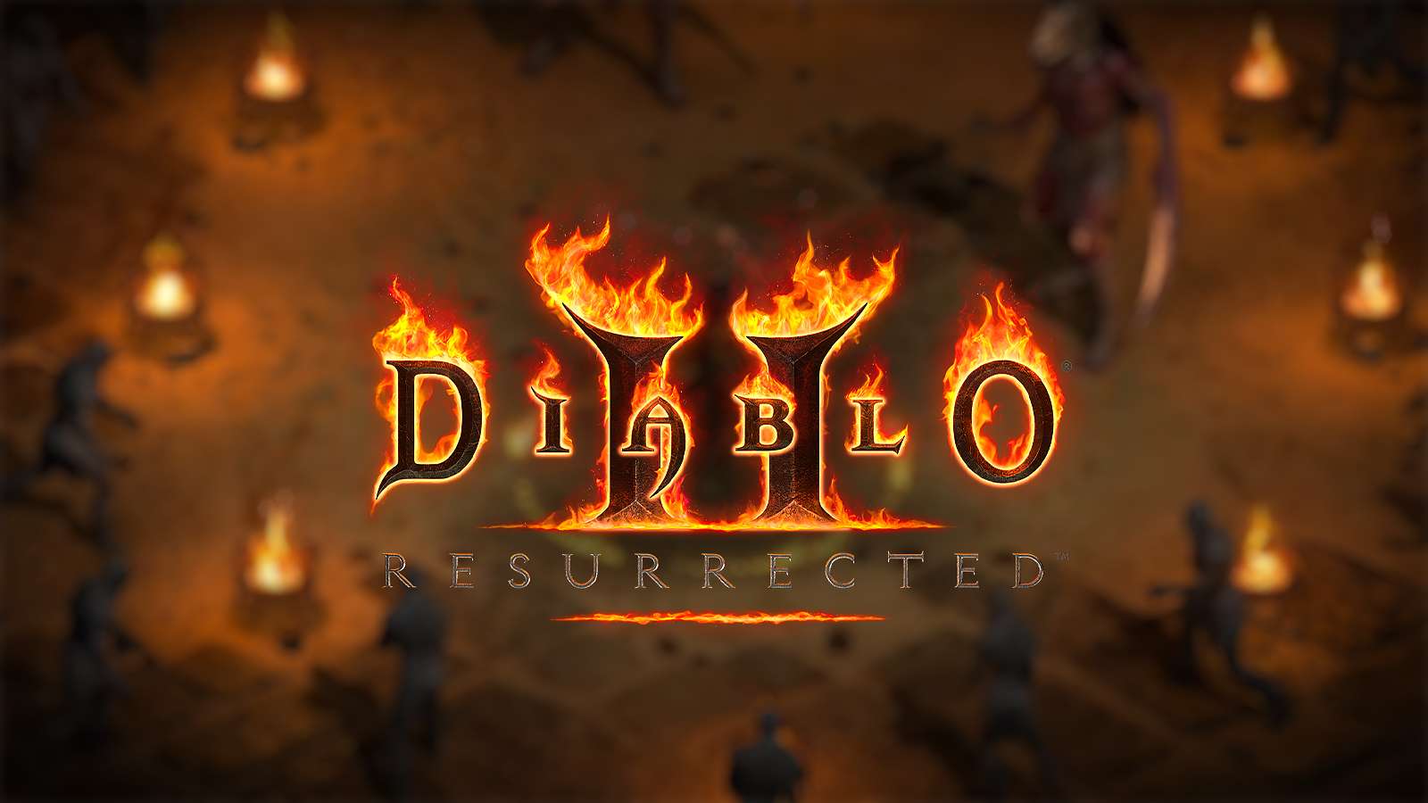An image of the Diablo 2 Resurrected logo on a blurry background
