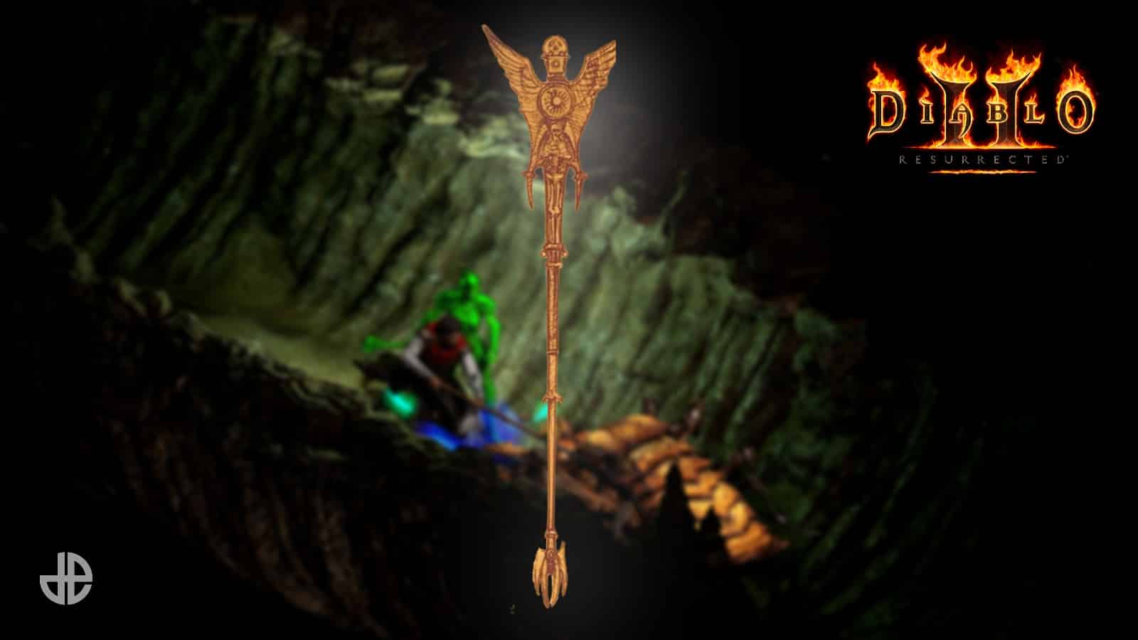 Diablo 2 Resurrected Harodric staff against gameplay background