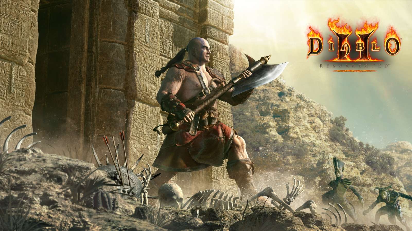 Diablo 2 Resurrected Barbarian with ax looks out over desert