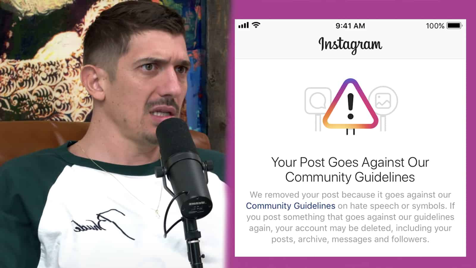 Comedian Andrew Schulz next to Instagram warning message