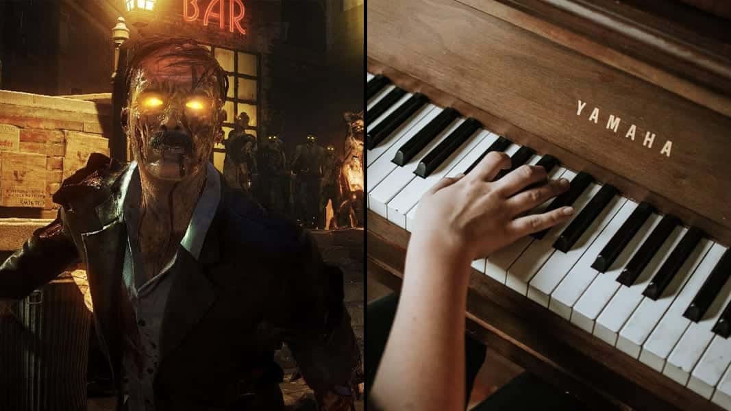 CoD Zombies character side-by-side with piano