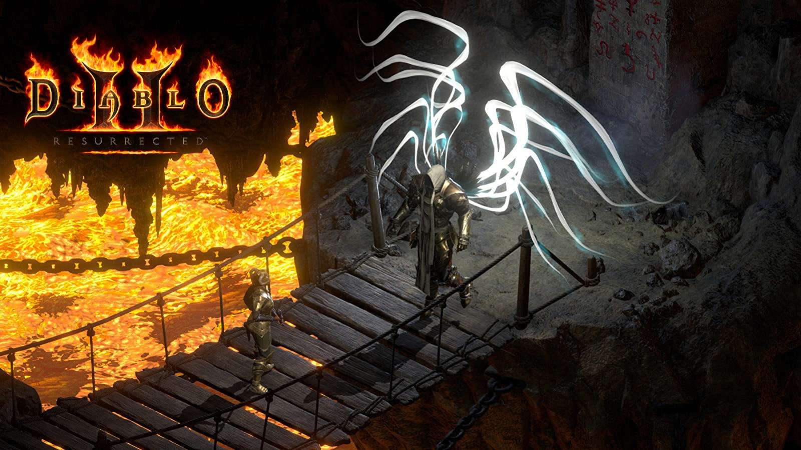 Diablo 2 Resurrected character standing before angel tyrael in burning hells
