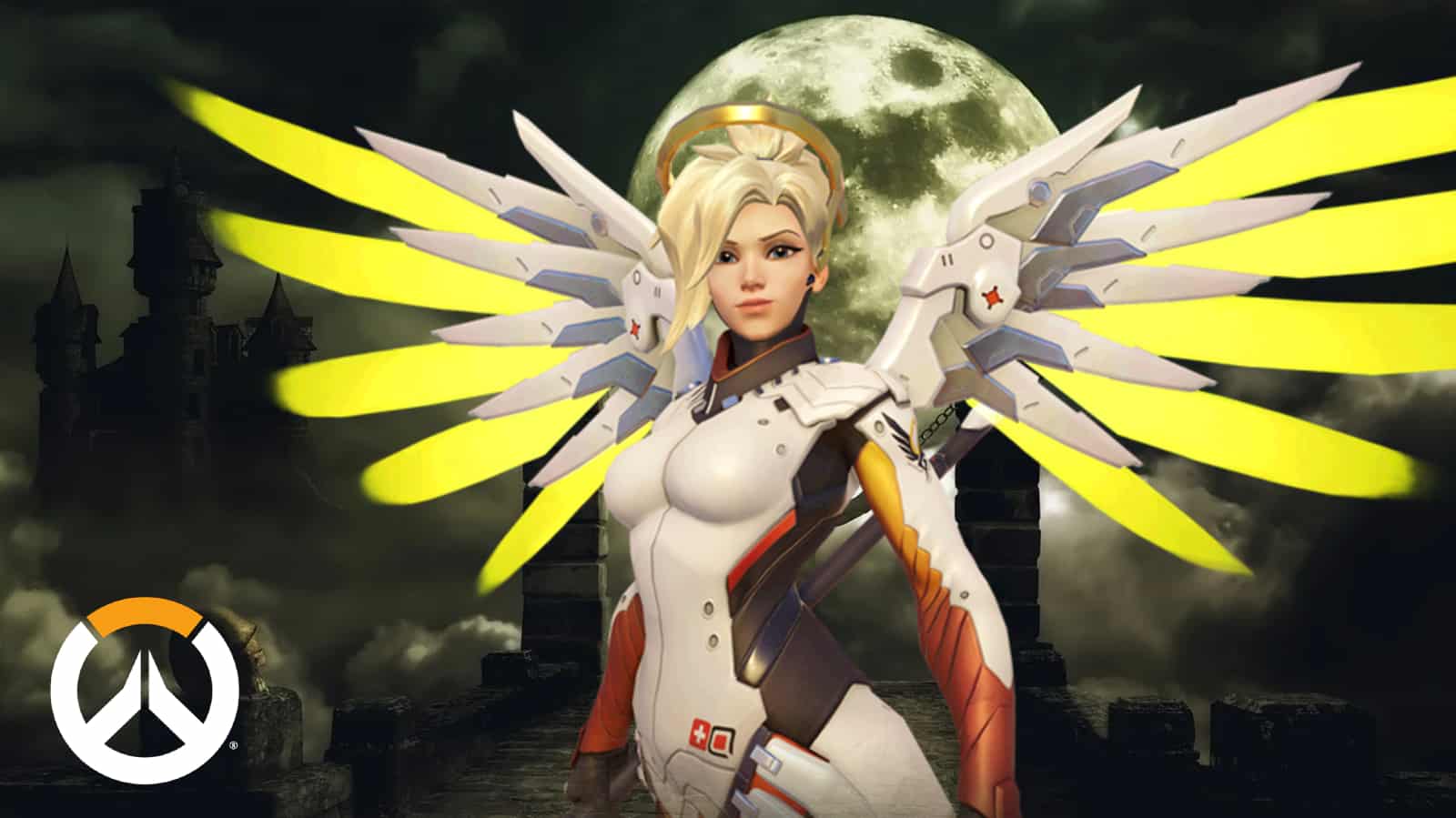Overwatch Mercy against spooky moonlight background