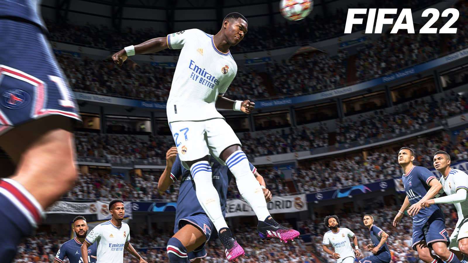 FIFA 22 screenshot showing a player heading the ball