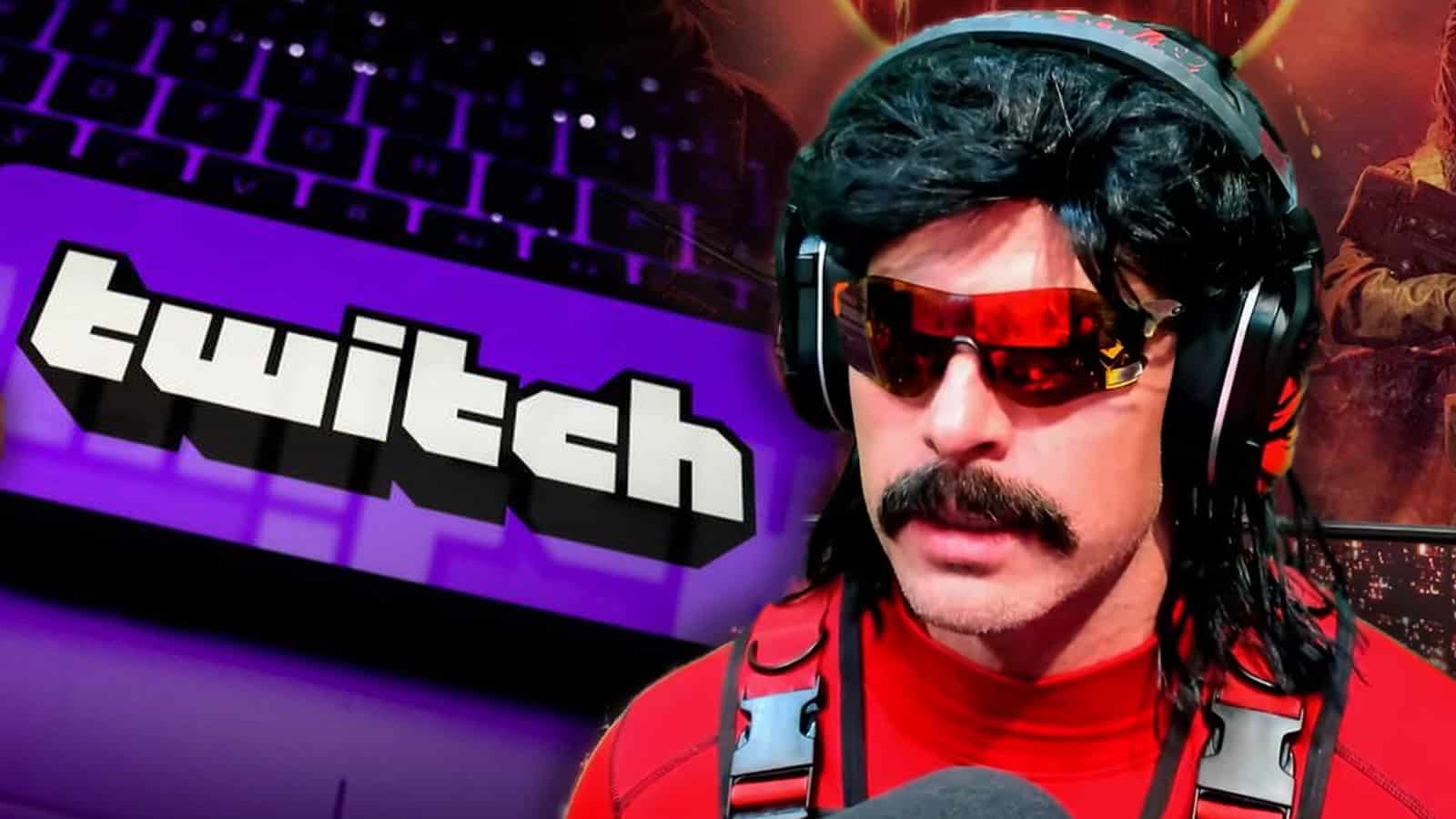Twitch logo on phone next to Dr Disrespect streaming on YouTube.