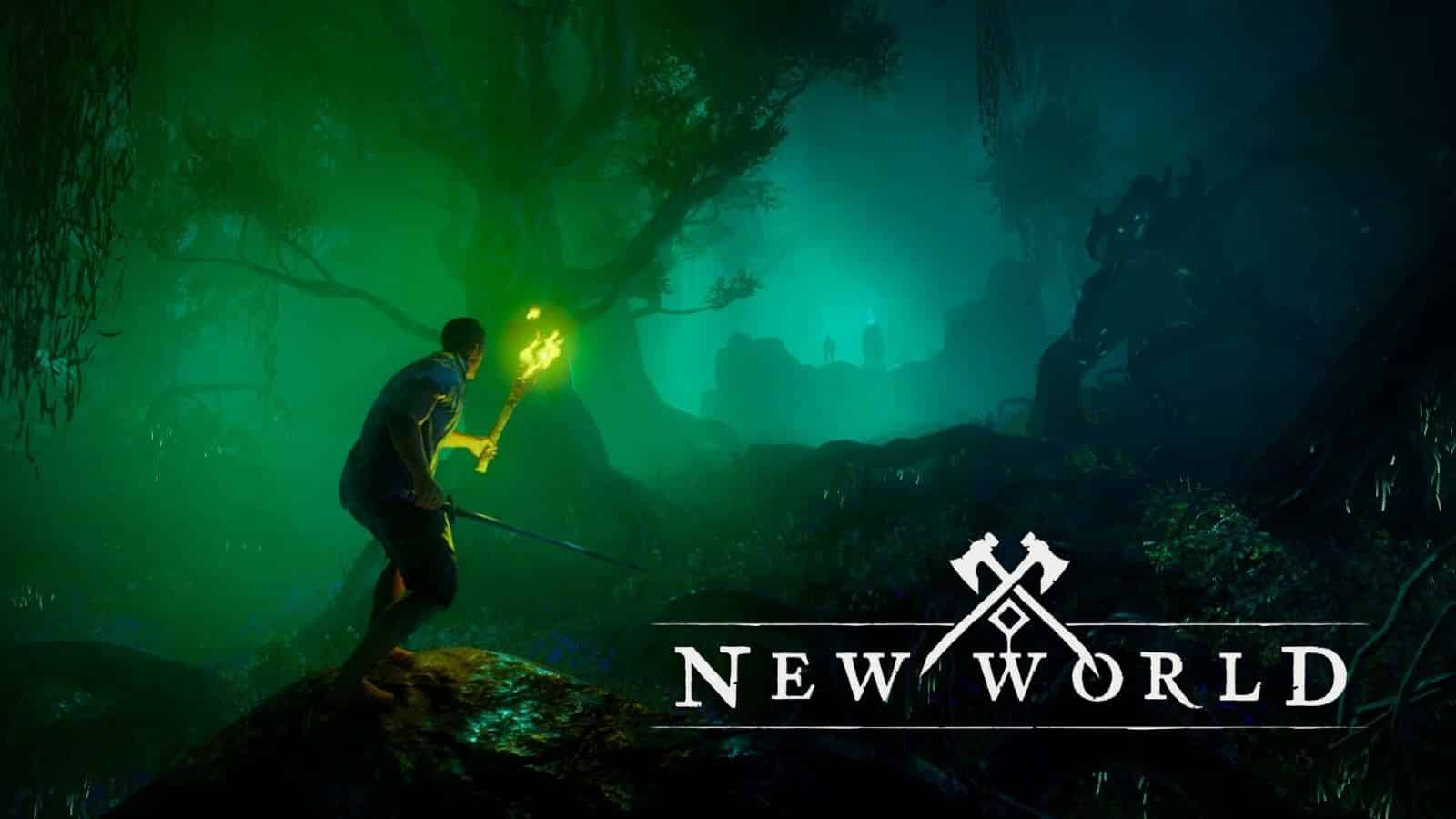 new world logo and person