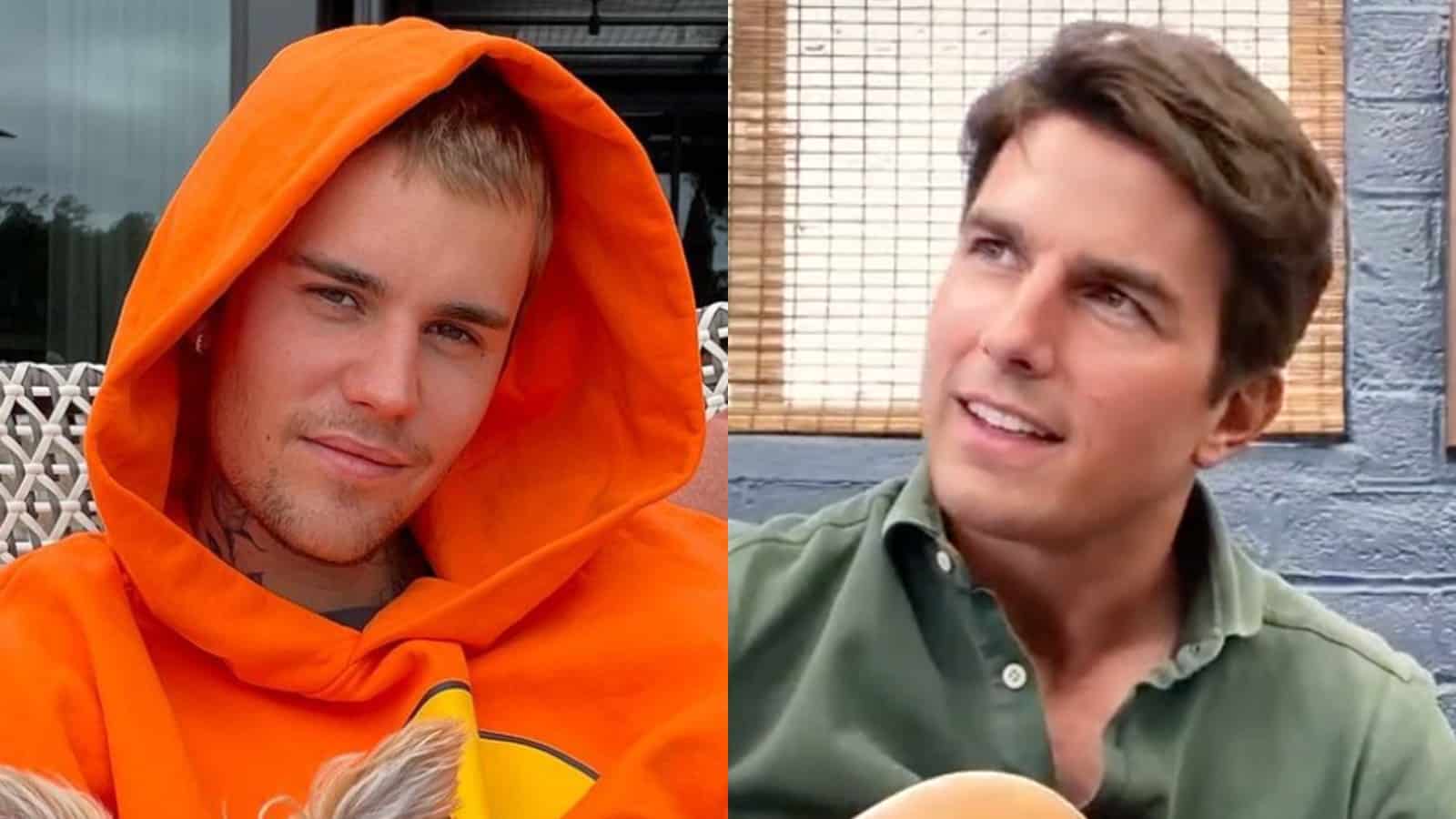 Justin Bieber in an orange sweater next to deepfake Tom Cruise