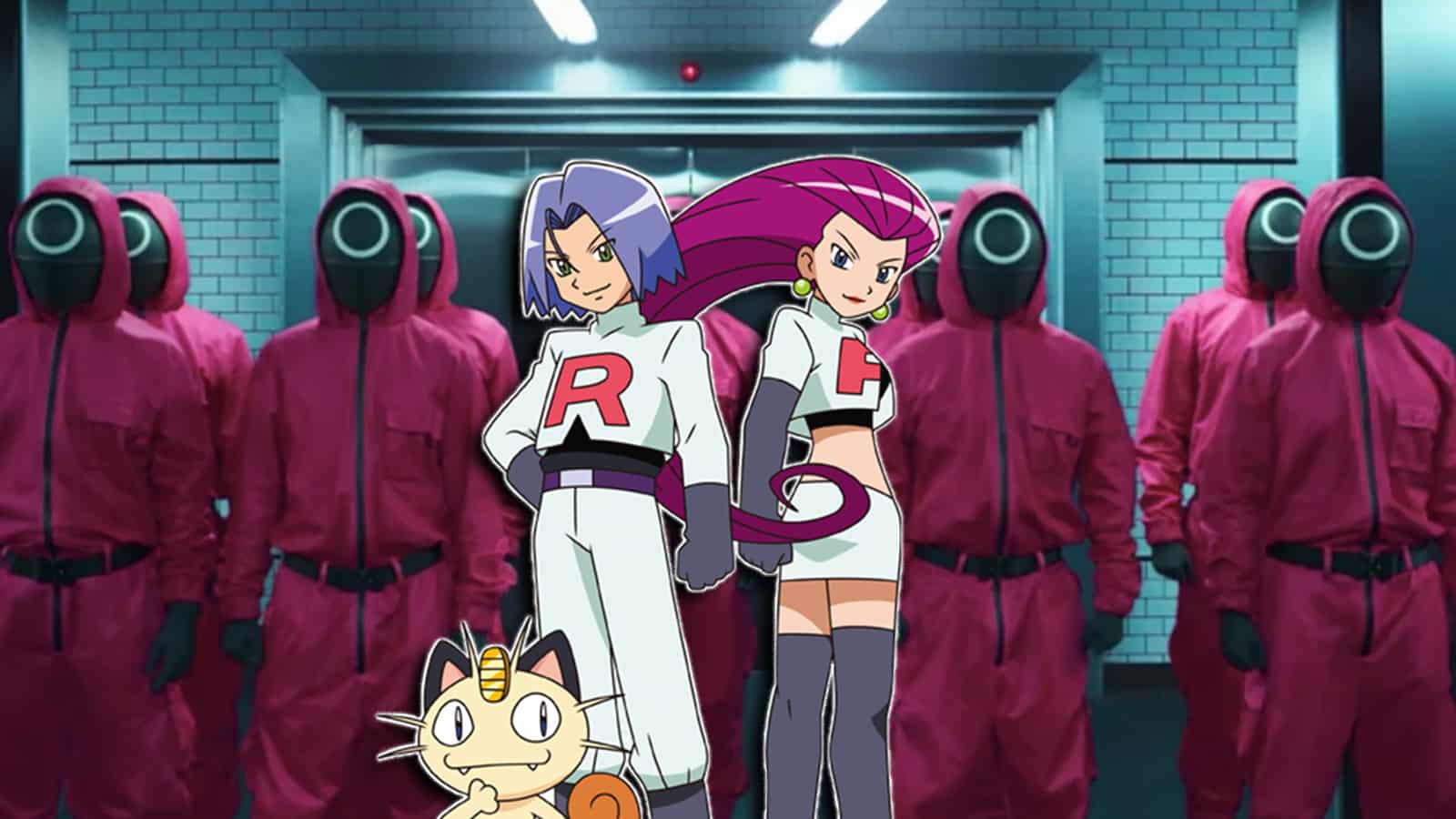 Squid Game soldiers next to Team Rocket Jessie and James from Pokemon anime