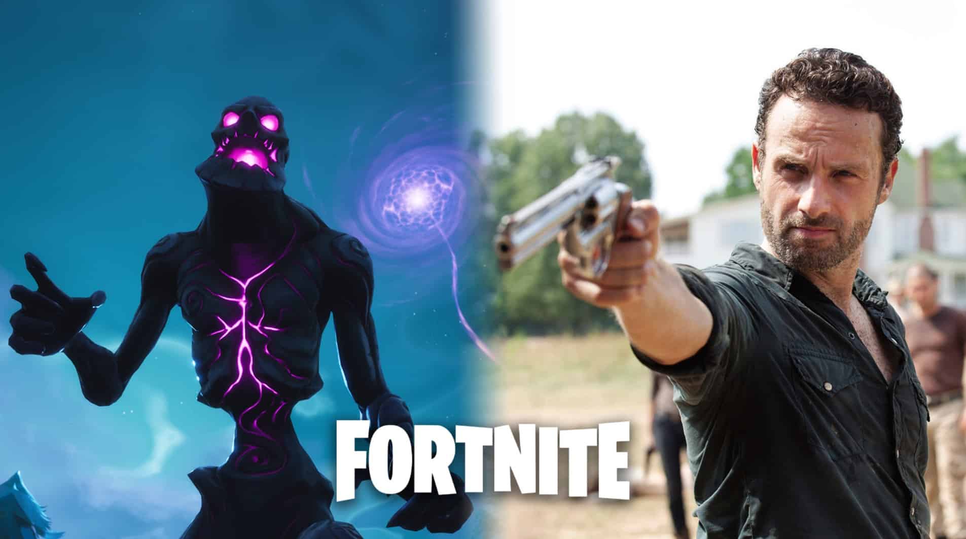 Fortnite gameplay next to Rick Grimes of The Walking Dead