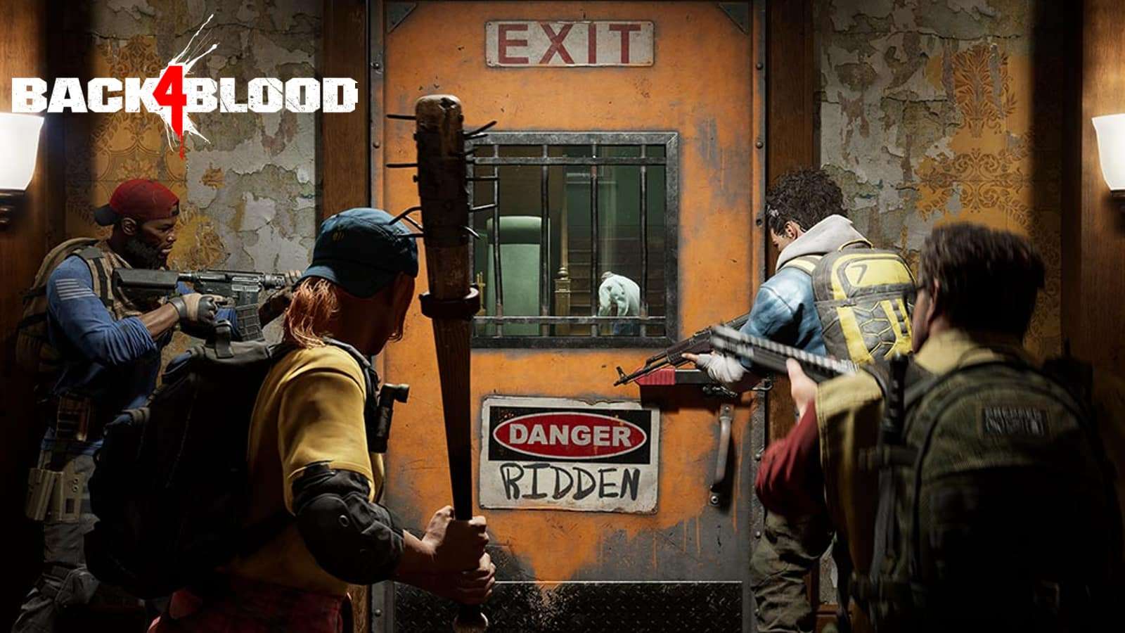 Back 4 Blood characters stand in front of a security door with zombies outside