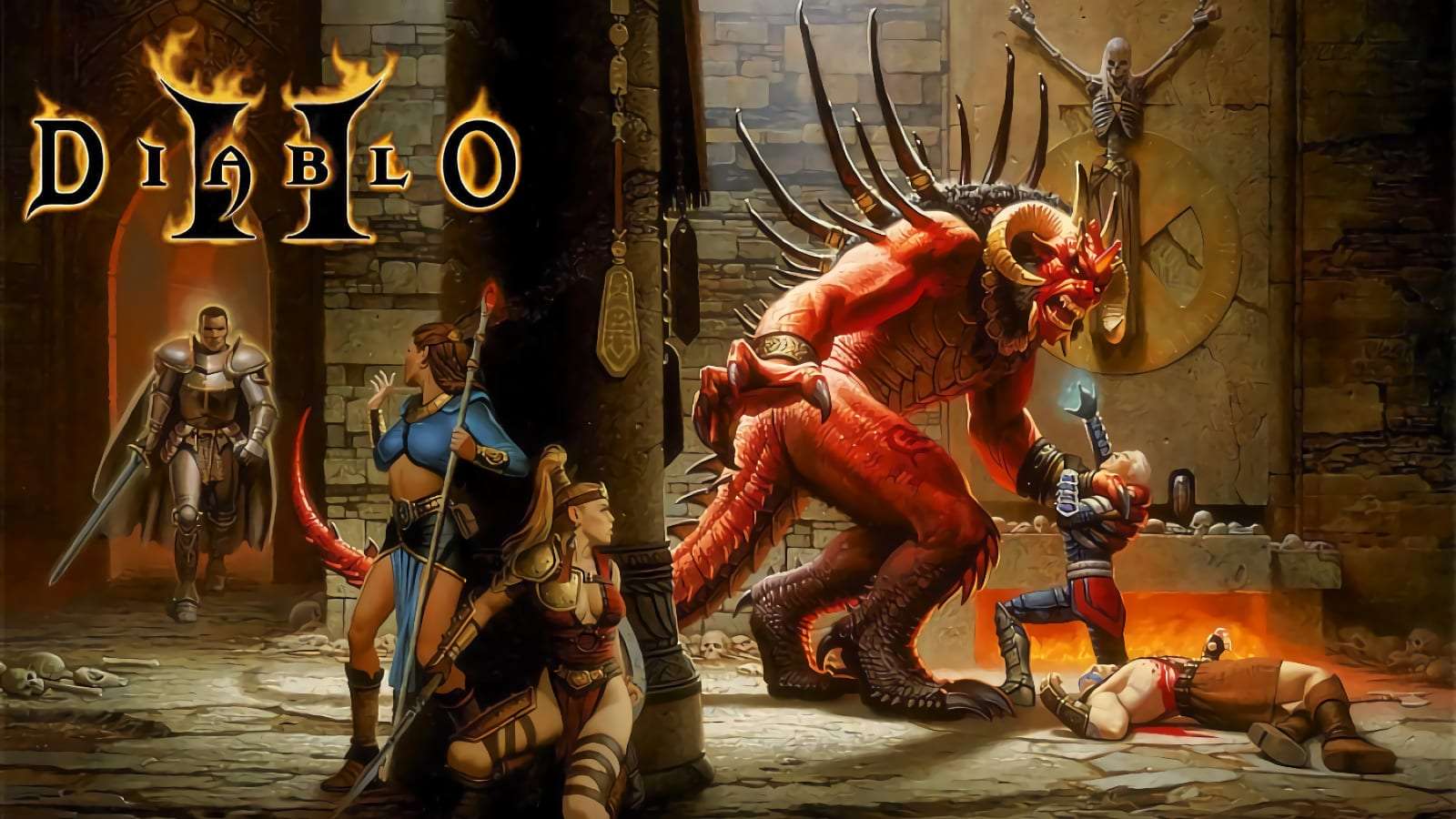 Diablo 2 original art diablo strangles necromancer while sorceress, amazon and paladin try to help