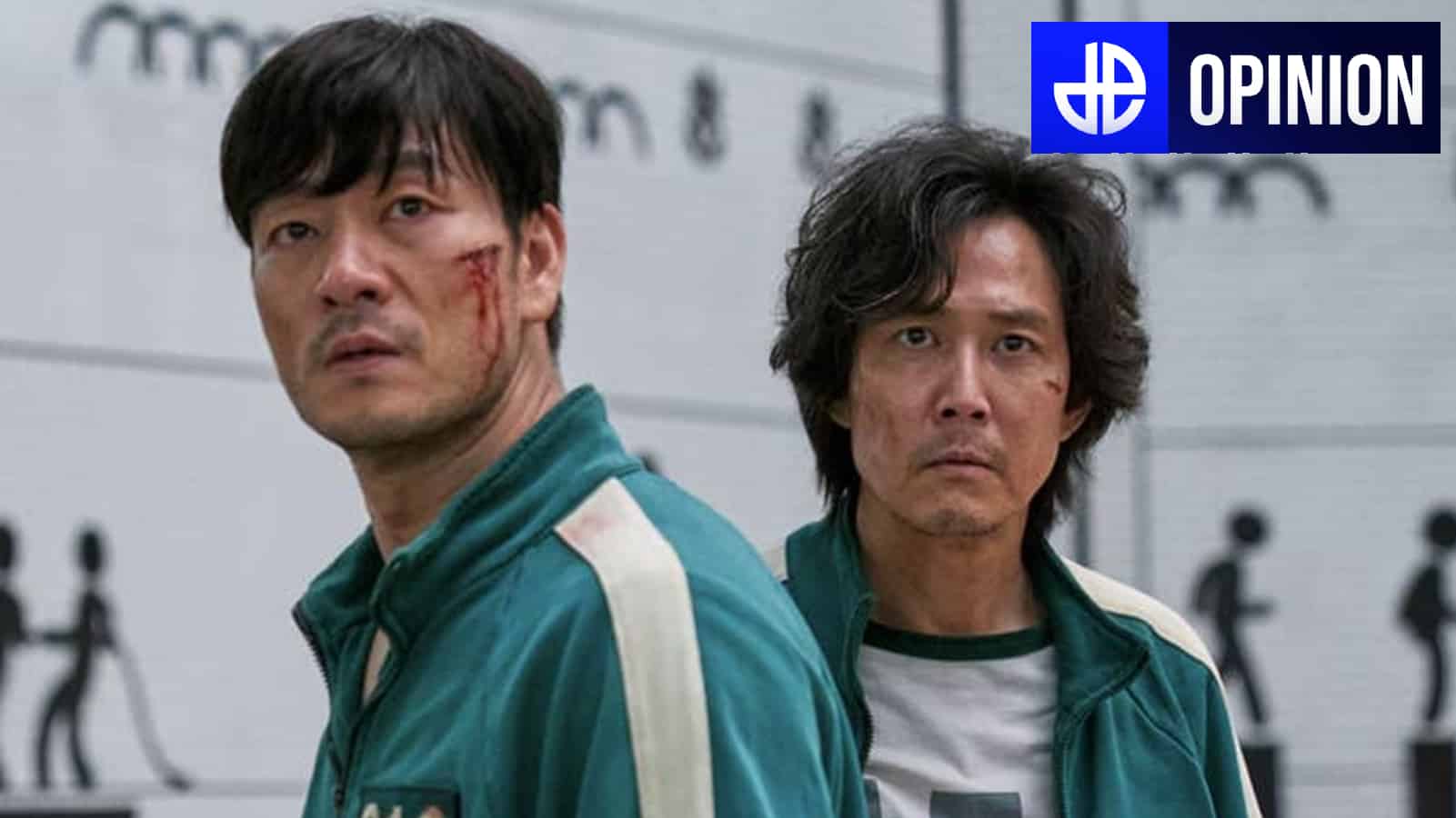 Squid Game Sang-woo and Gi-hun look into camera splattered in blood