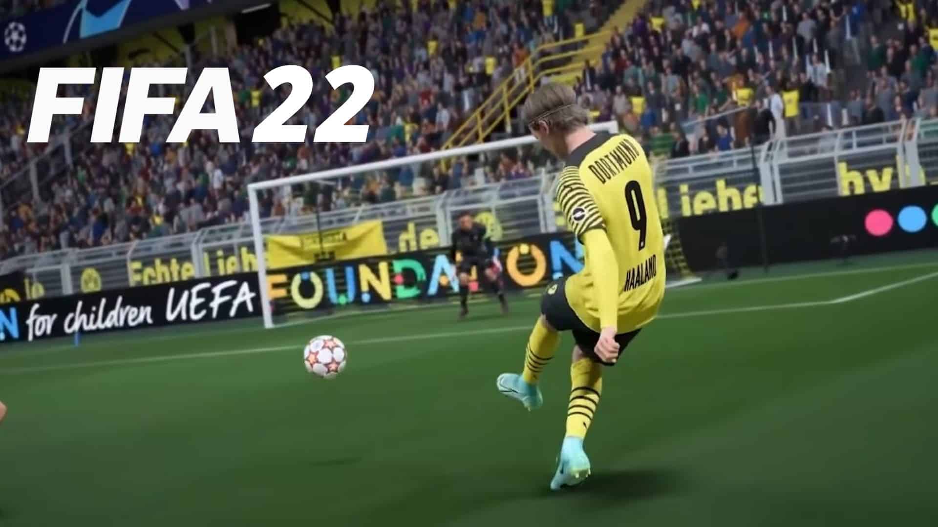 Haaland lining up a finesse shot in FIFA 22