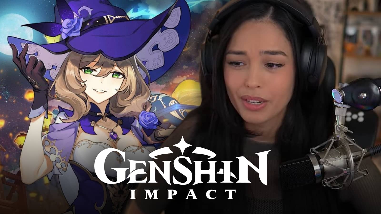Valkyrae looks worried next to Genshin Impact character.