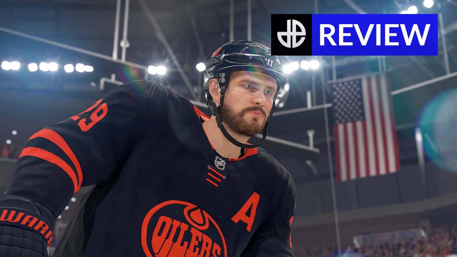 NHL 22 review header showing a player in front of the American flag