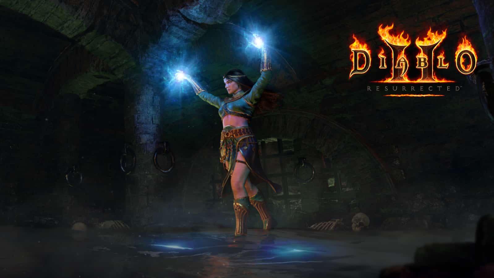 Diablo 2 Resurrected Sorceress casting spell in sewers