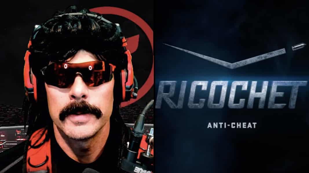 Dr Disrespect looking sternly at camera alongisde Warzone anti-cheat logo